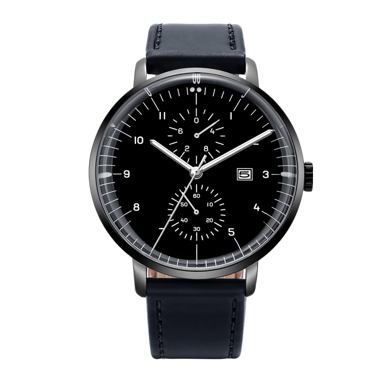 RORIOS Мужские часы из натуральной кожи с большим циферблатом, простым дизайном, люминесцентным механизмом, кварцевым механизмом, механизмом хронографа, индикацией даты, черные B